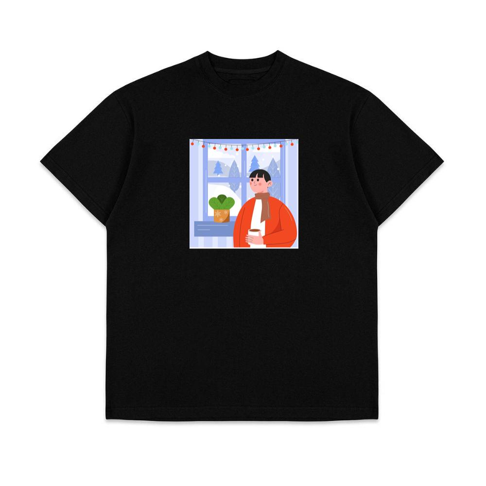 A Person Enjoys a Drink by a Window with a Snowy View and Festive Lights T-Shirts