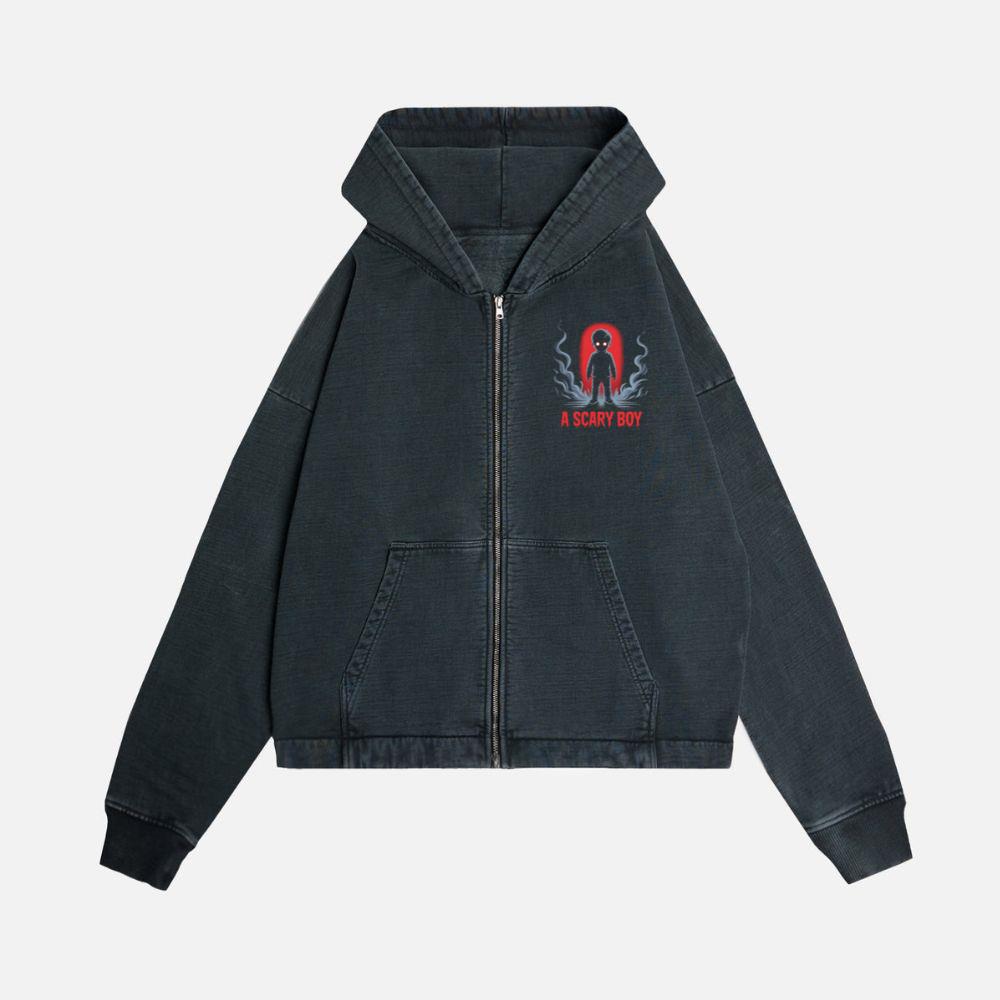 A Scary Boy Red Glow Horror Design Zip Hoodie Kelyee