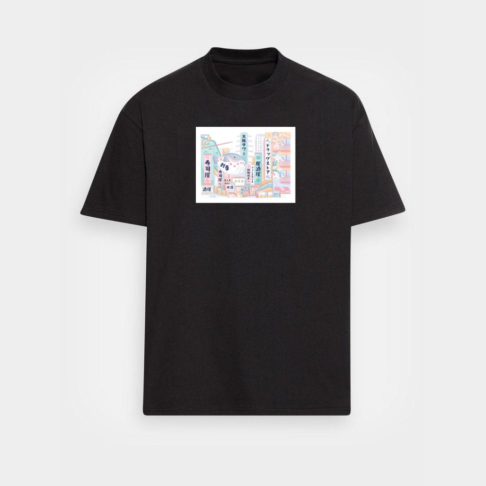 A Stylized Japanese Cityscape with a Sea Creature Surprise T-Shirts