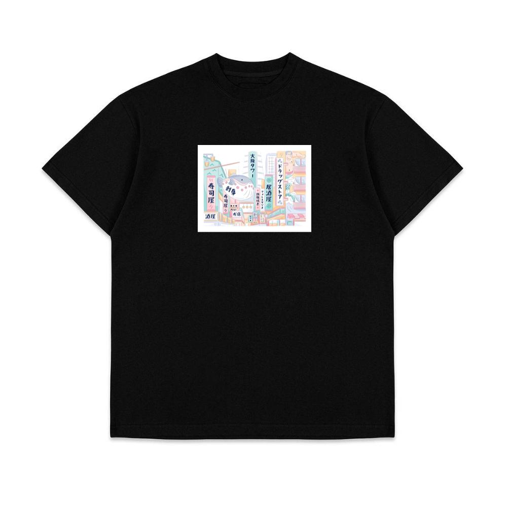 A Stylized Japanese Cityscape with a Sea Creature Surprise T-Shirts