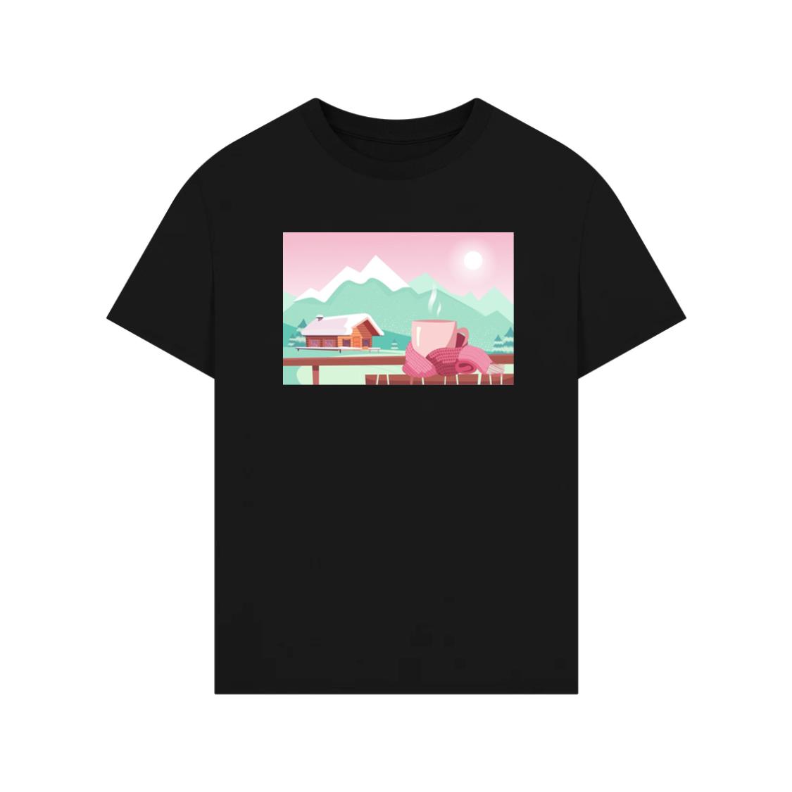 A Warm Drink Overlooking a Snowy Mountain Landscape with a Cozy Cabin T-Shirt