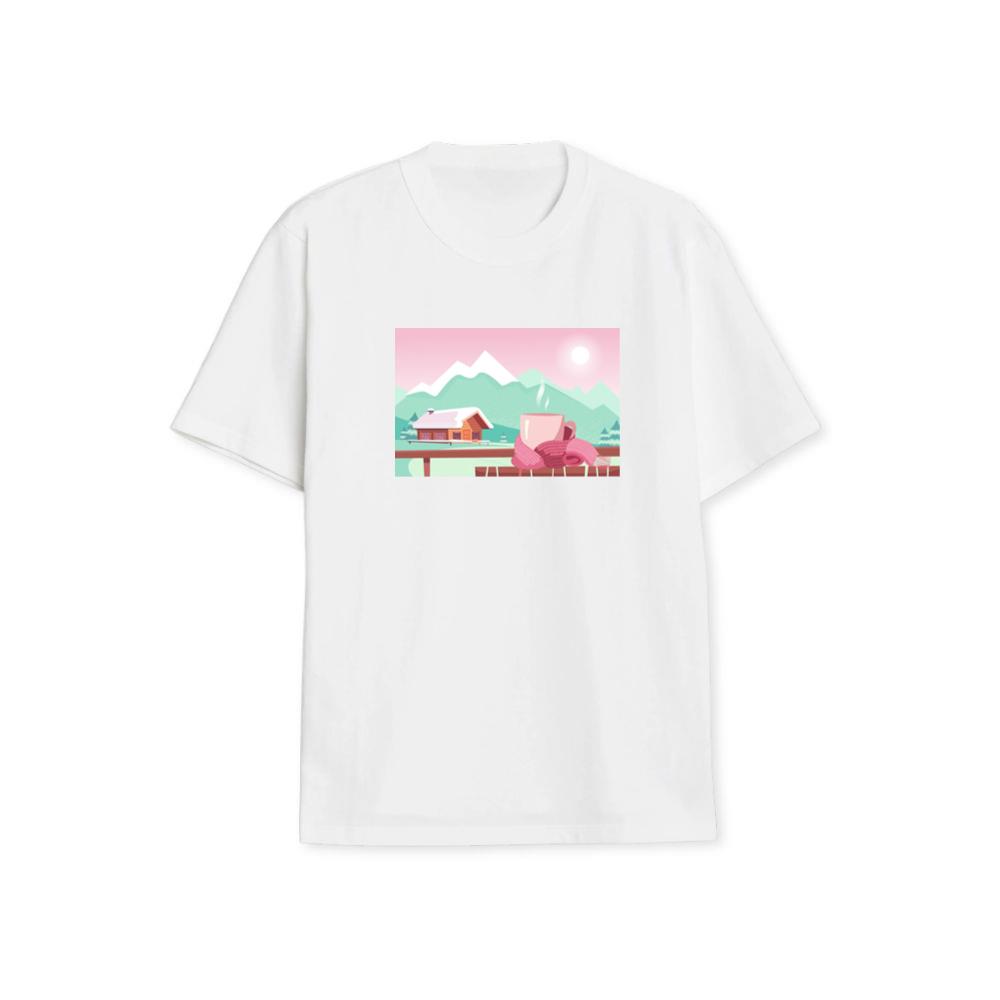 A Warm Drink Overlooking a Snowy Mountain Landscape with a Cozy Cabin T-Shirts