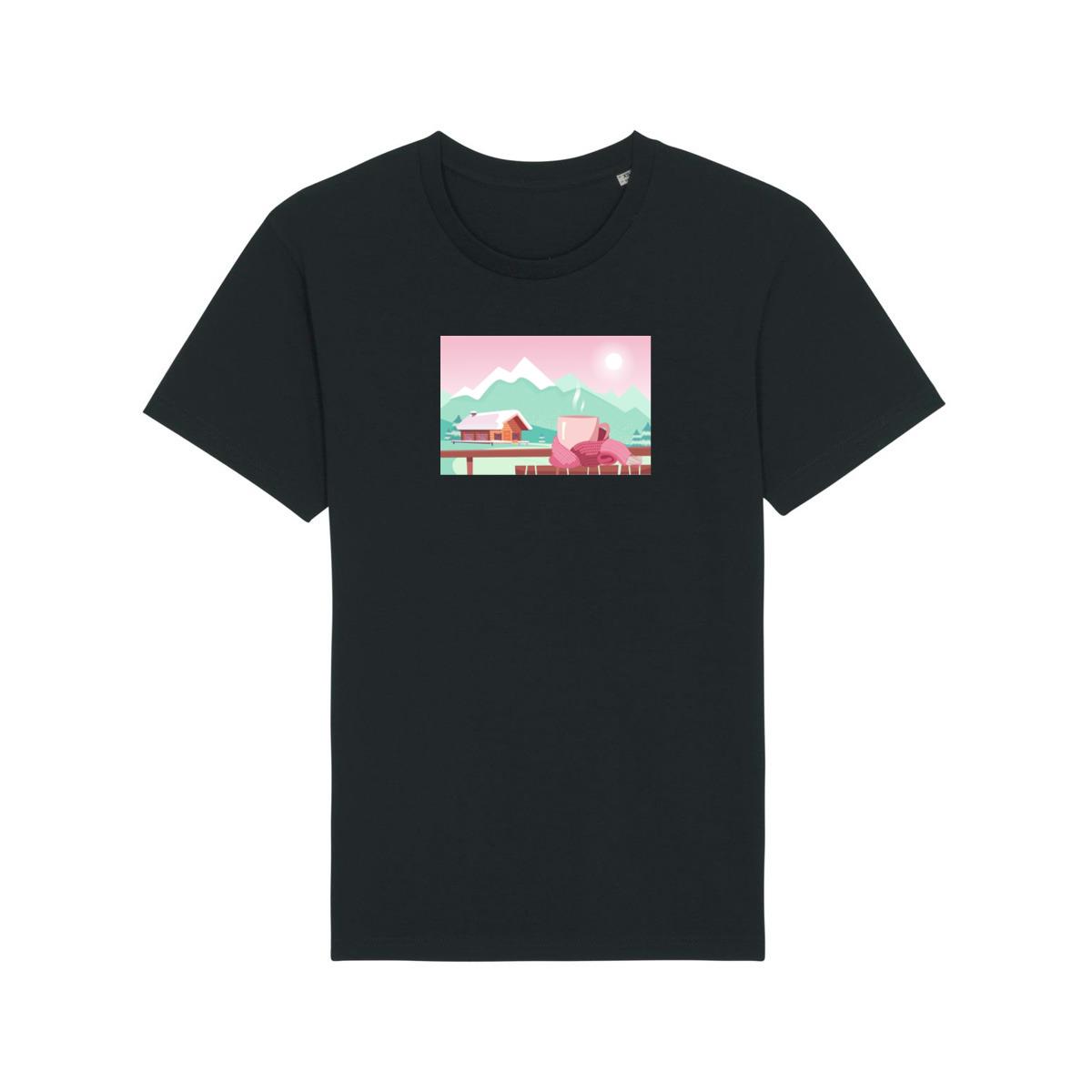 A Warm Drink Overlooking a Snowy Mountain Landscape with a Cozy Cabin T-Shirts