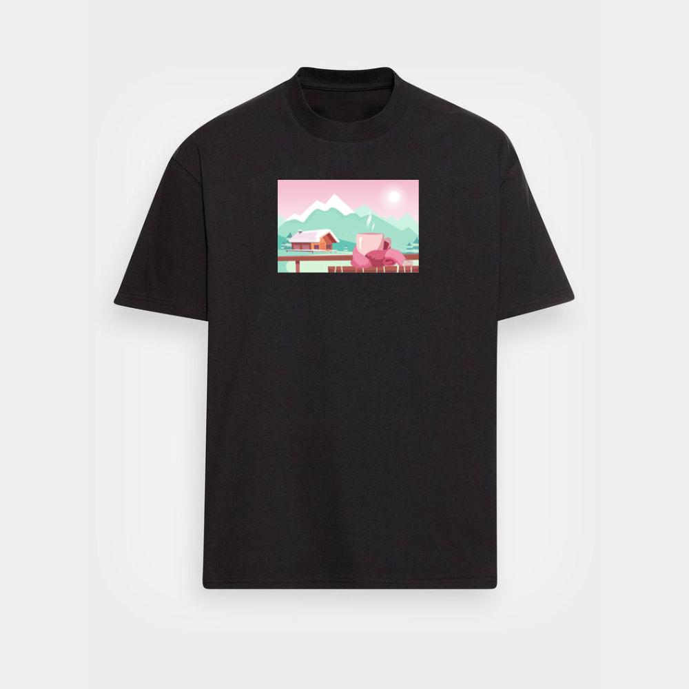 A Warm Drink Overlooking a Snowy Mountain Landscape with a Cozy Cabin T-Shirts