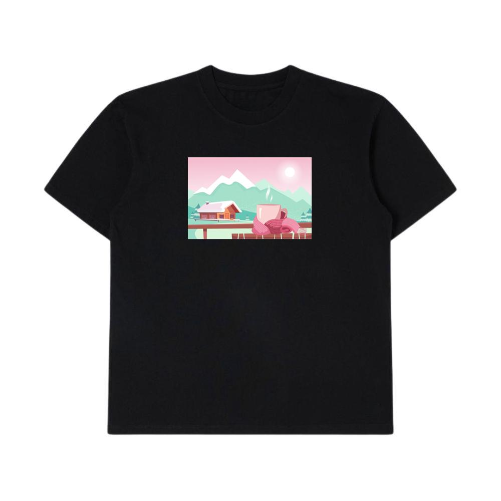 A Warm Drink Overlooking a Snowy Mountain Landscape with a Cozy Cabin T-Shirts