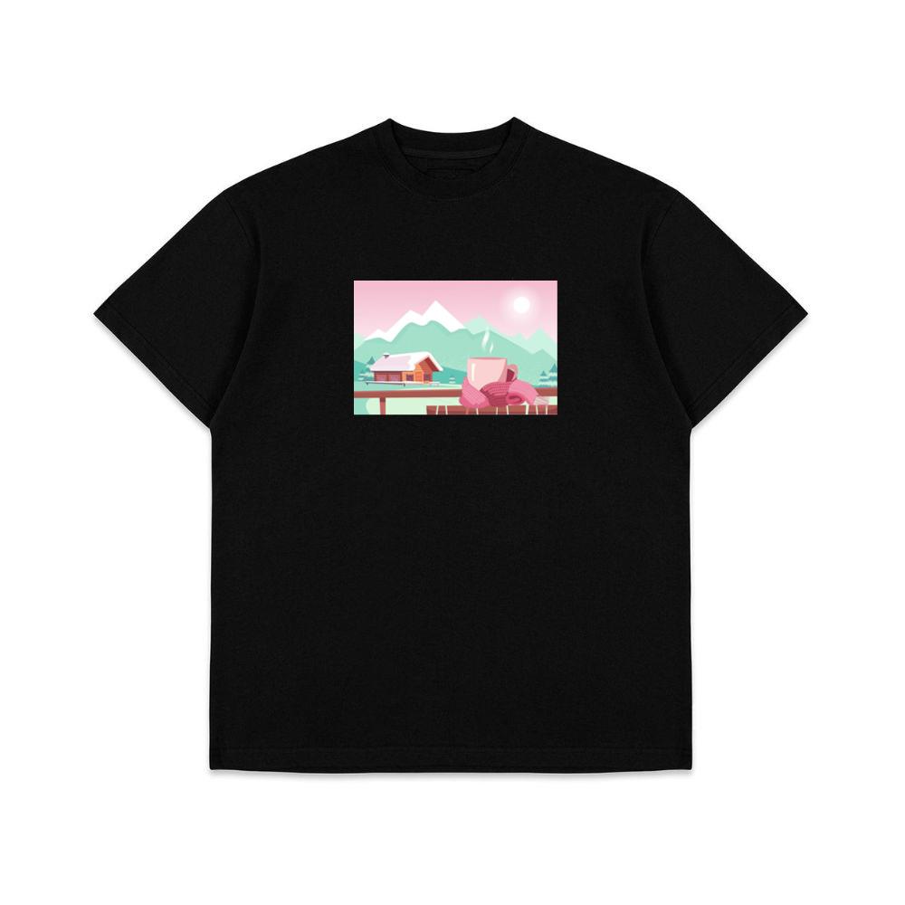 A Warm Drink Overlooking a Snowy Mountain Landscape with a Cozy Cabin T-Shirts