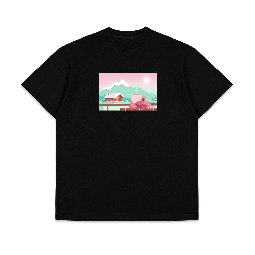A Warm Drink Overlooking a Snowy Mountain Landscape with a Cozy Cabin T-Shirts