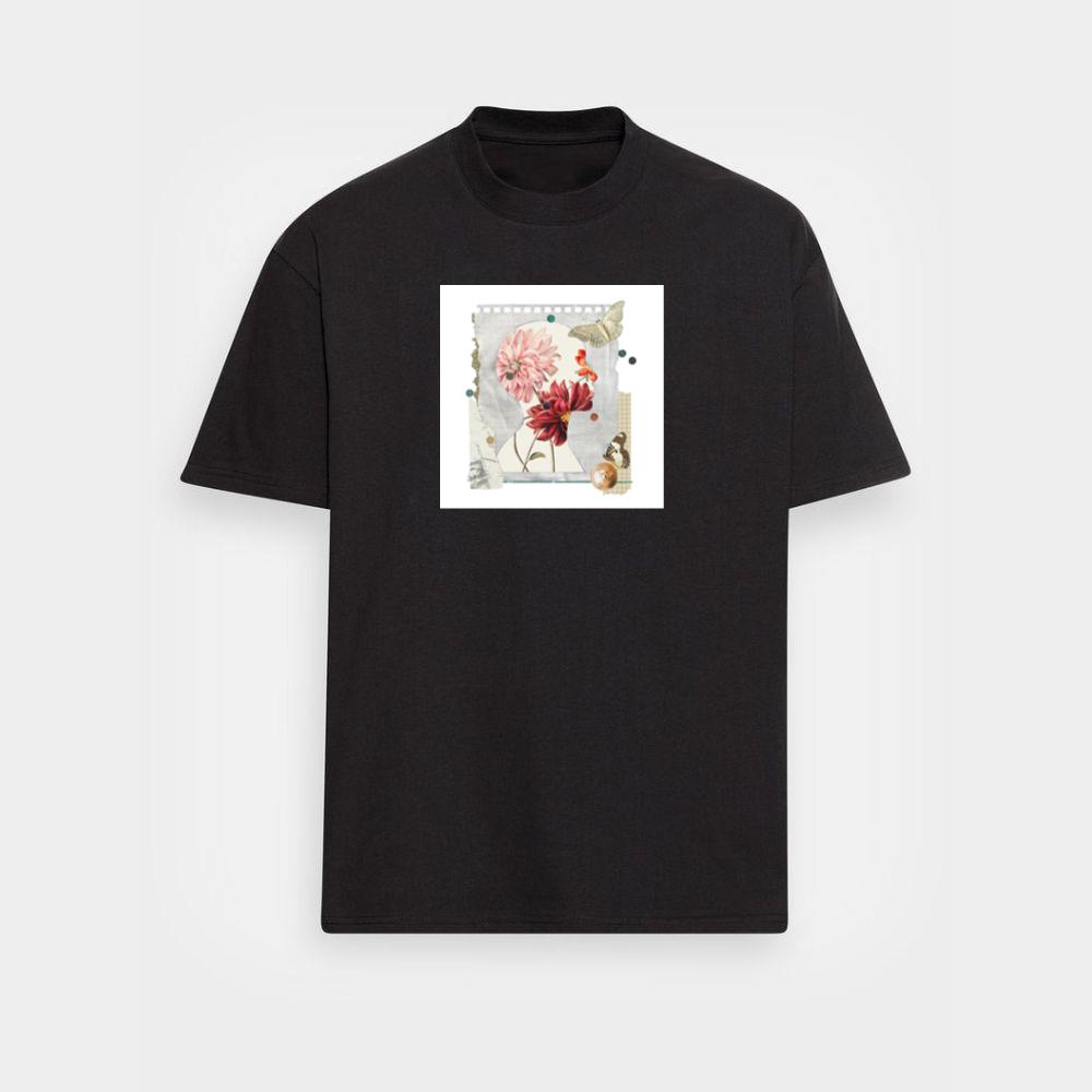 An Artistic Montage of a Silhouette Head with Blooming Flowers and Butterflies T-Shirts