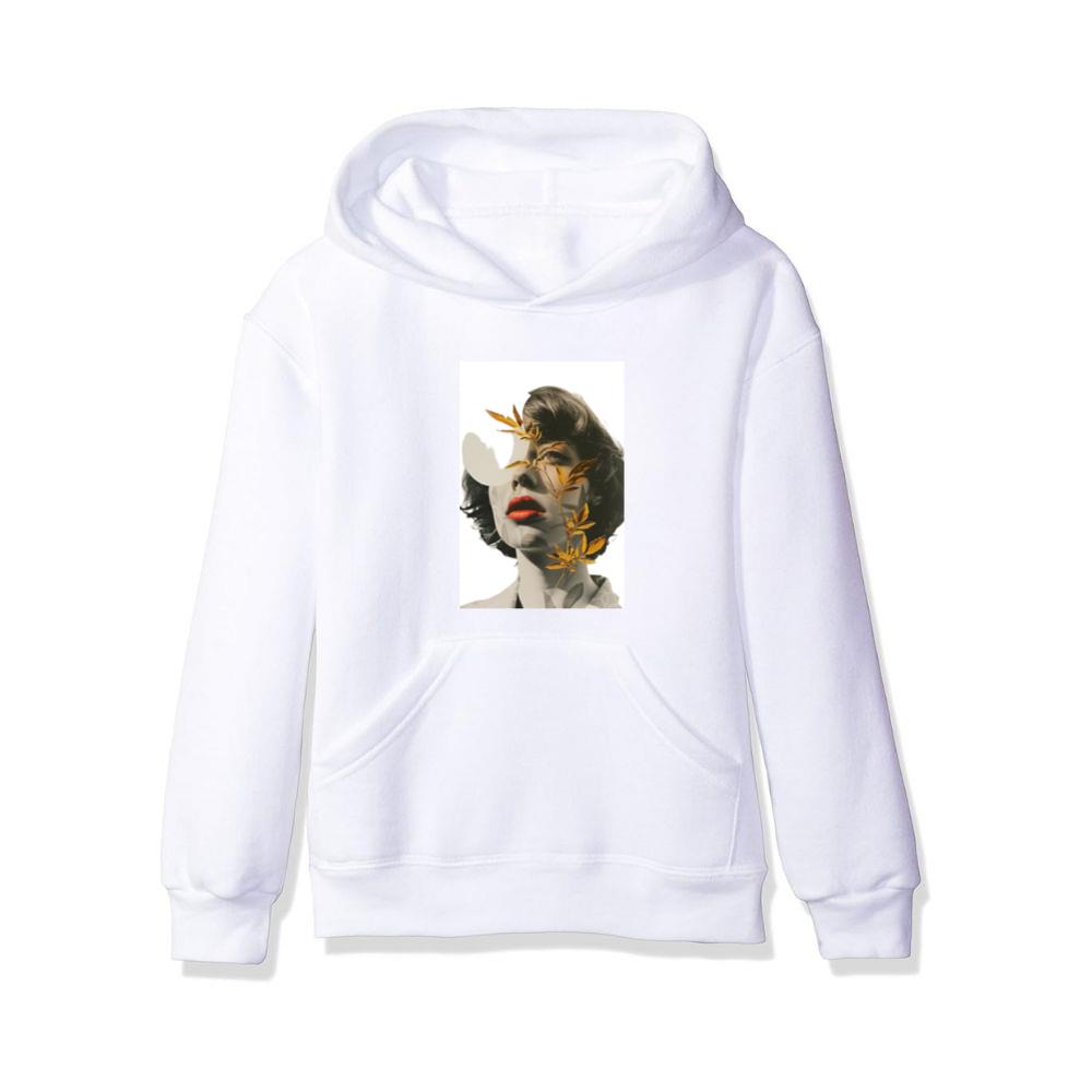 An Artistic Montage of a Woman's Portrait with Golden Leaves Hoodies