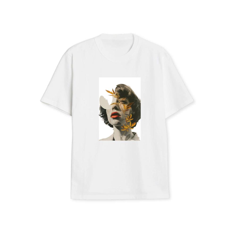 An Artistic Montage of a Woman's Portrait with Golden Leaves T-Shirts