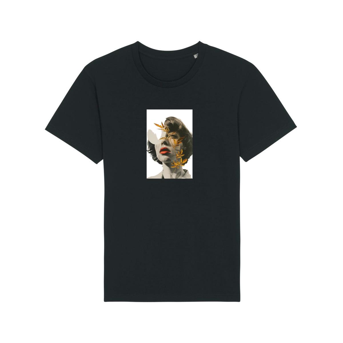 An Artistic Montage of a Woman's Portrait with Golden Leaves T-Shirts