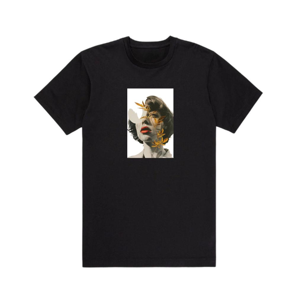 An Artistic Montage of a Woman's Portrait with Golden Leaves T-Shirts