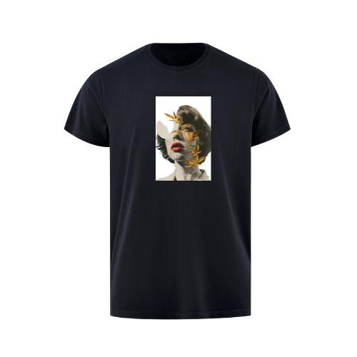 An Artistic Montage of a Woman's Portrait with Golden Leaves T-Shirts