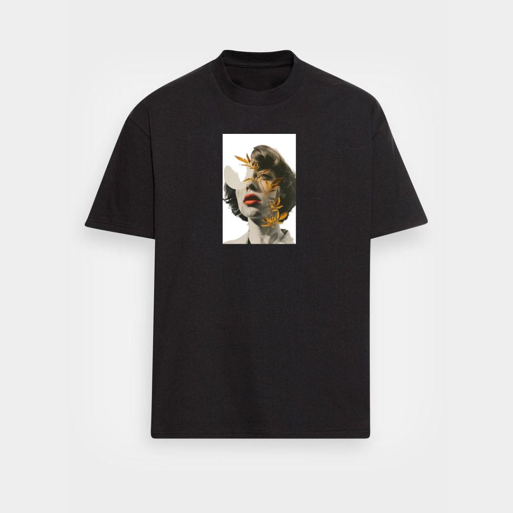 An Artistic Montage of a Woman's Portrait with Golden Leaves T-Shirts