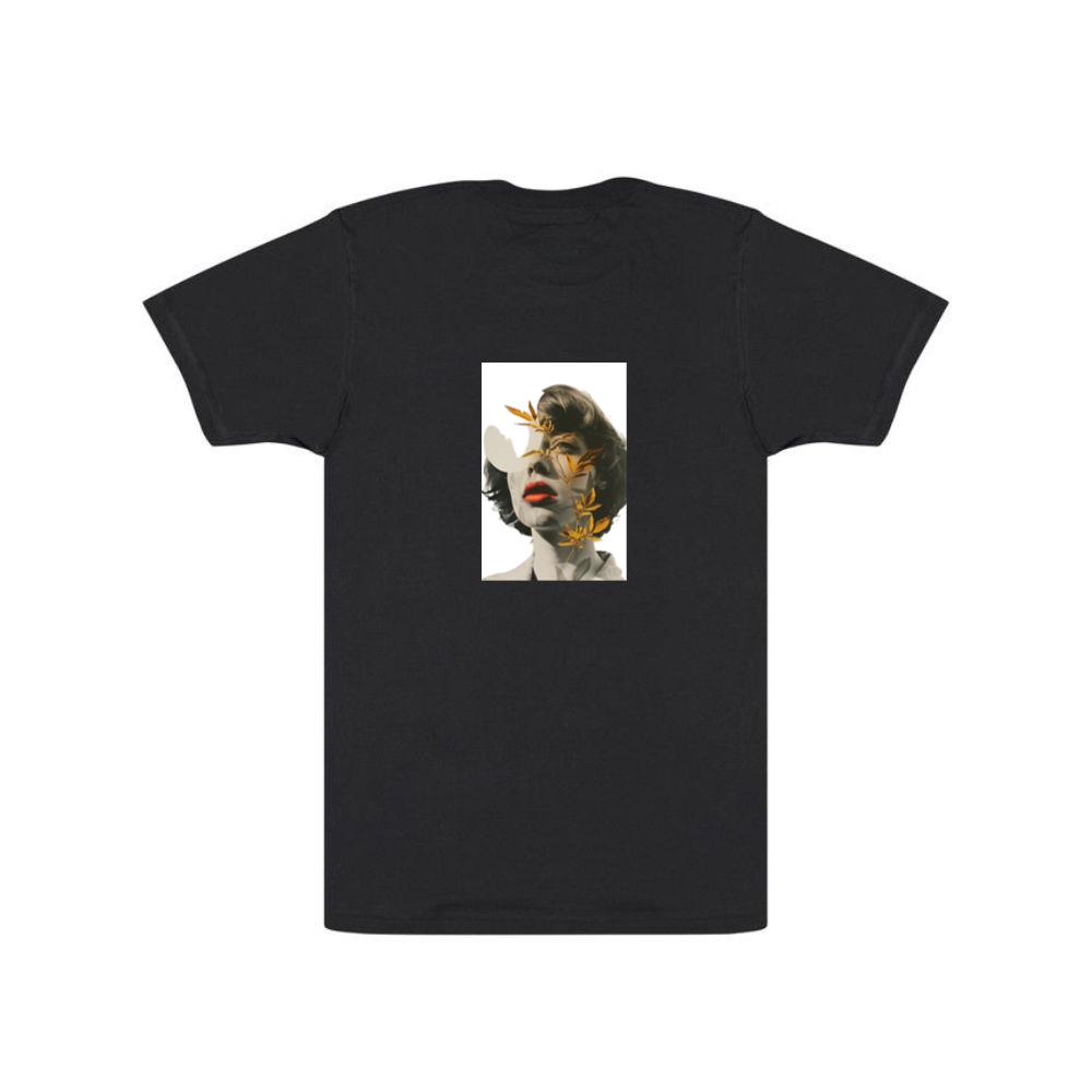 An Artistic Montage of a Woman's Portrait with Golden Leaves T-Shirts