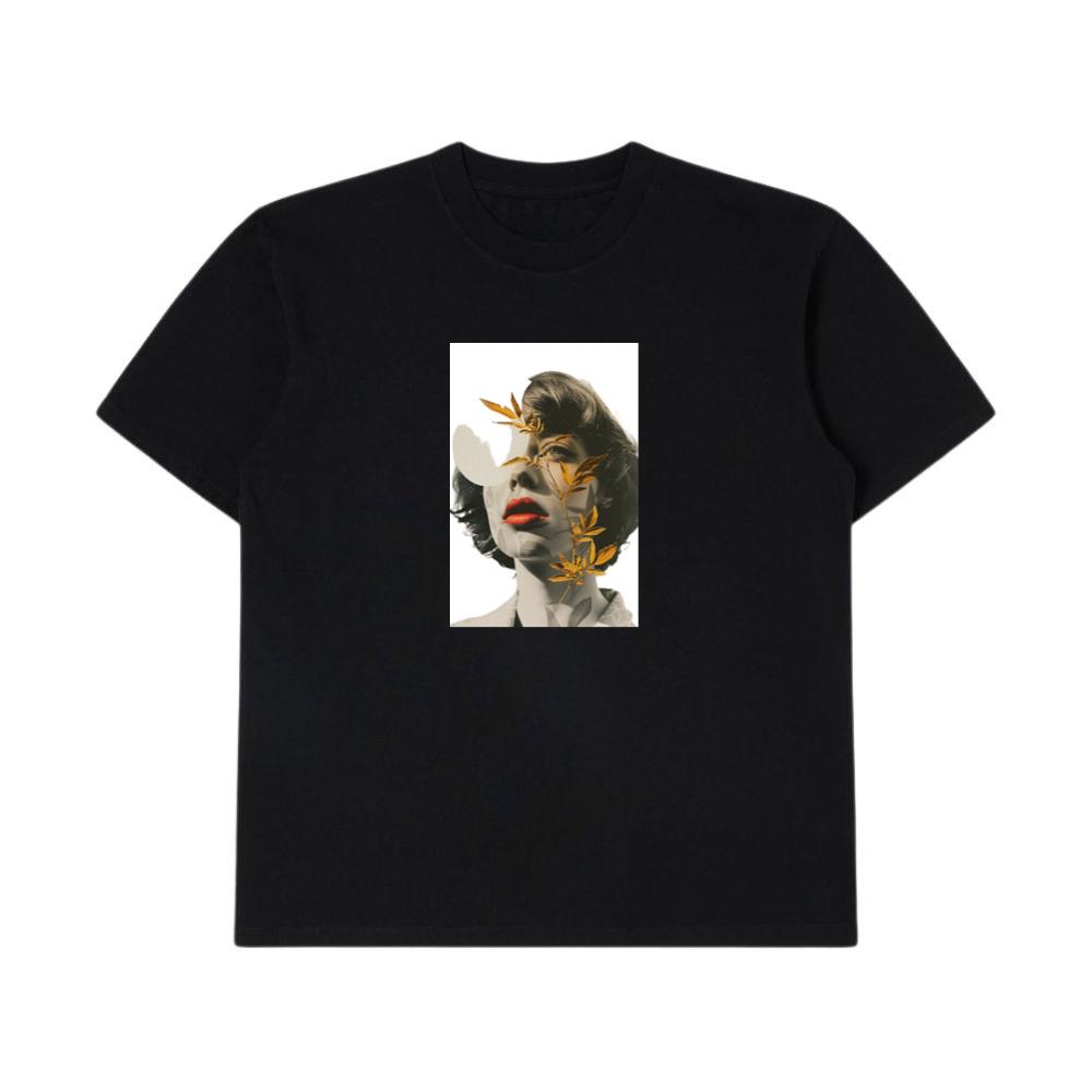 An Artistic Montage of a Woman's Portrait with Golden Leaves T-Shirts