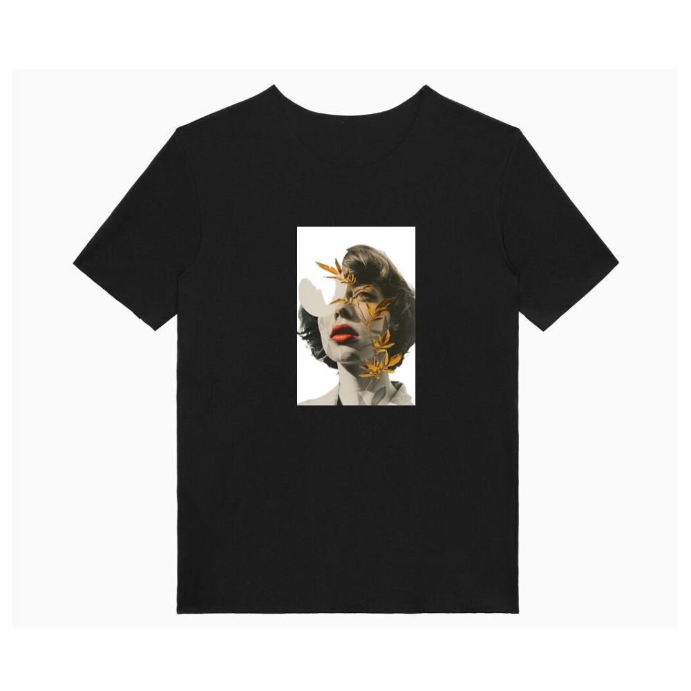 An Artistic Montage of a Woman's Portrait with Golden Leaves T-Shirts