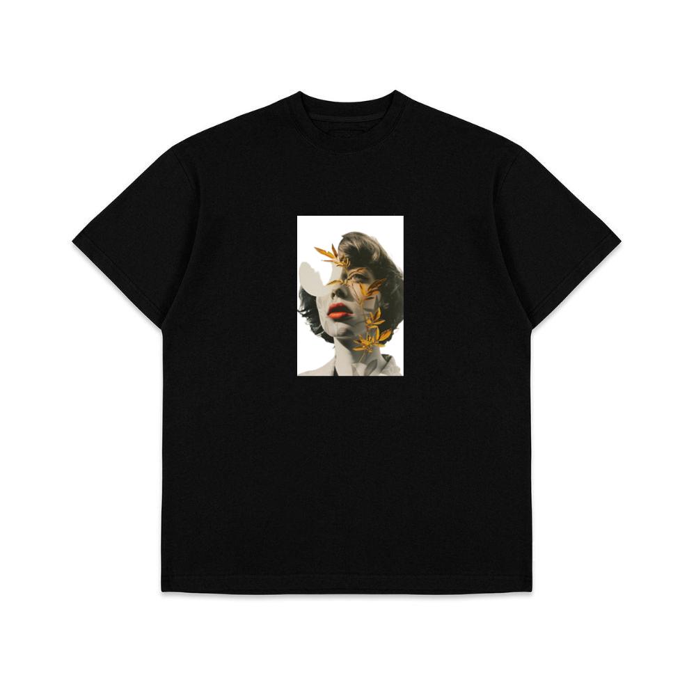An Artistic Montage of a Woman's Portrait with Golden Leaves T-Shirts