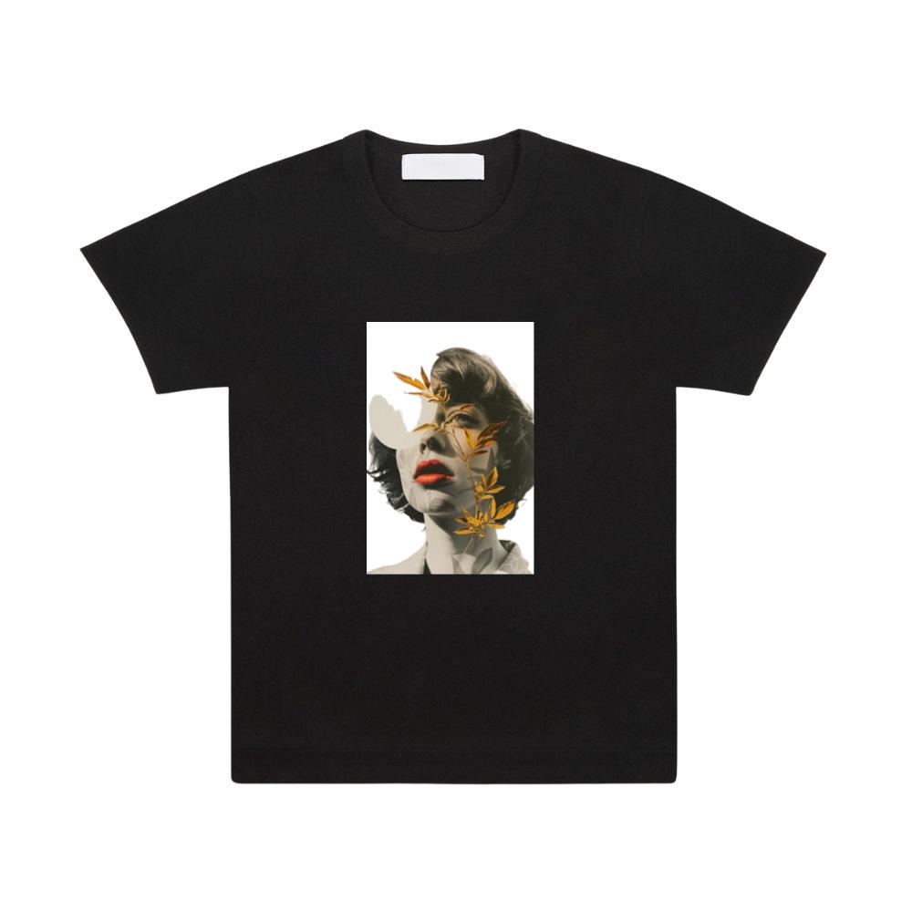An Artistic Montage of a Woman's Portrait with Golden Leaves T-Shirts