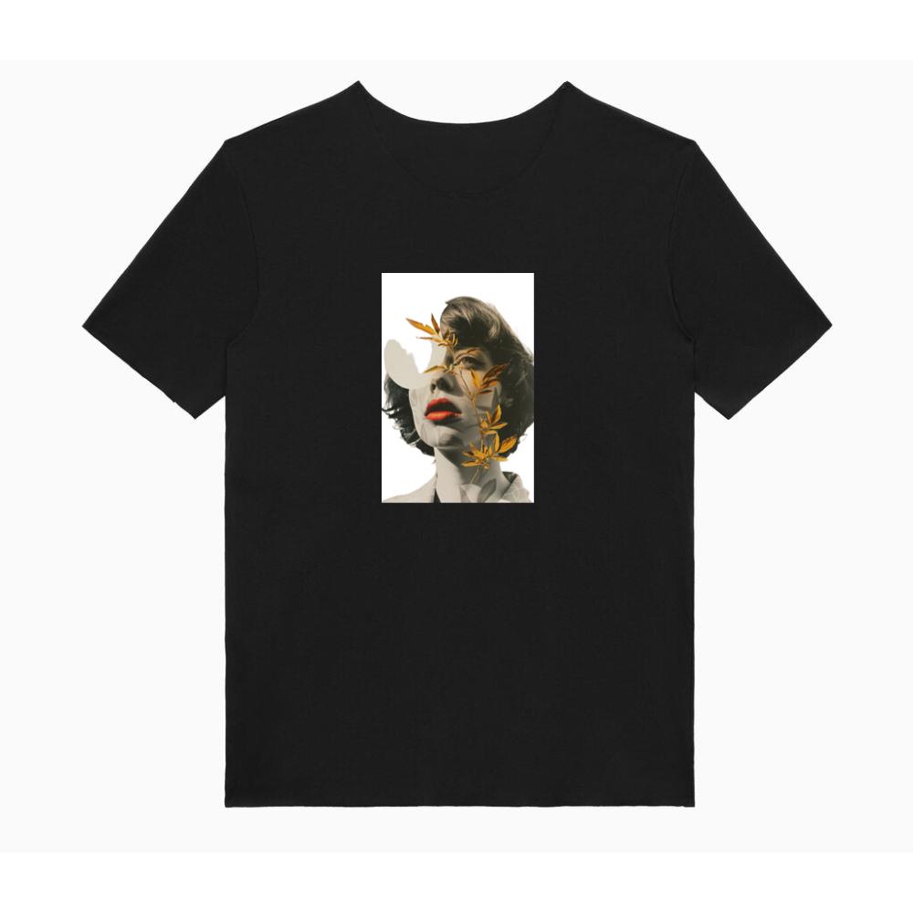 An Artistic Montage of a Womans Portrait with Golden Leaves TShirts Tickertaz