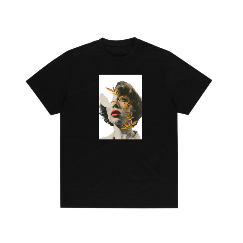 An Artistic Montage of a Womans Portrait with Golden Leaves TShirts Tetebi