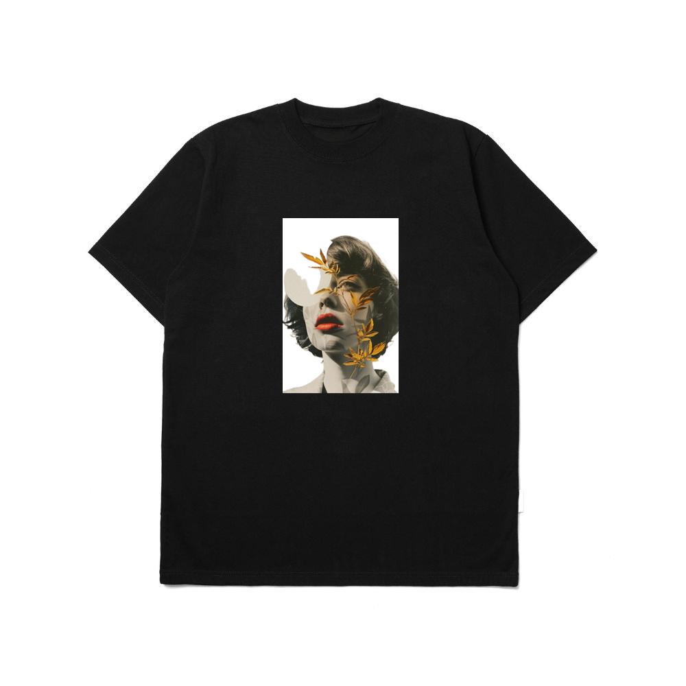 An Artistic Montage of a Woman's Portrait with Golden Leaves T-Shirts
