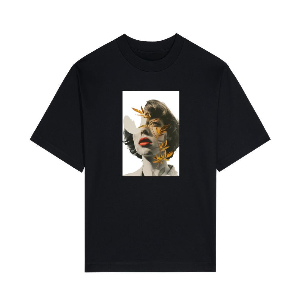 An Artistic Montage of a Woman's Portrait with Golden Leaves T-Shirts