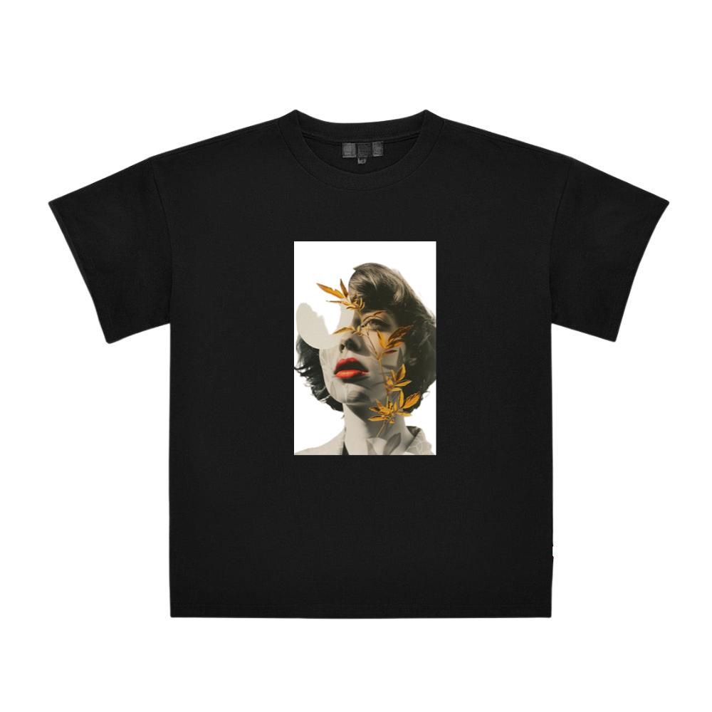 An Artistic Montage of a Woman's Portrait with Golden Leaves T-Shirts