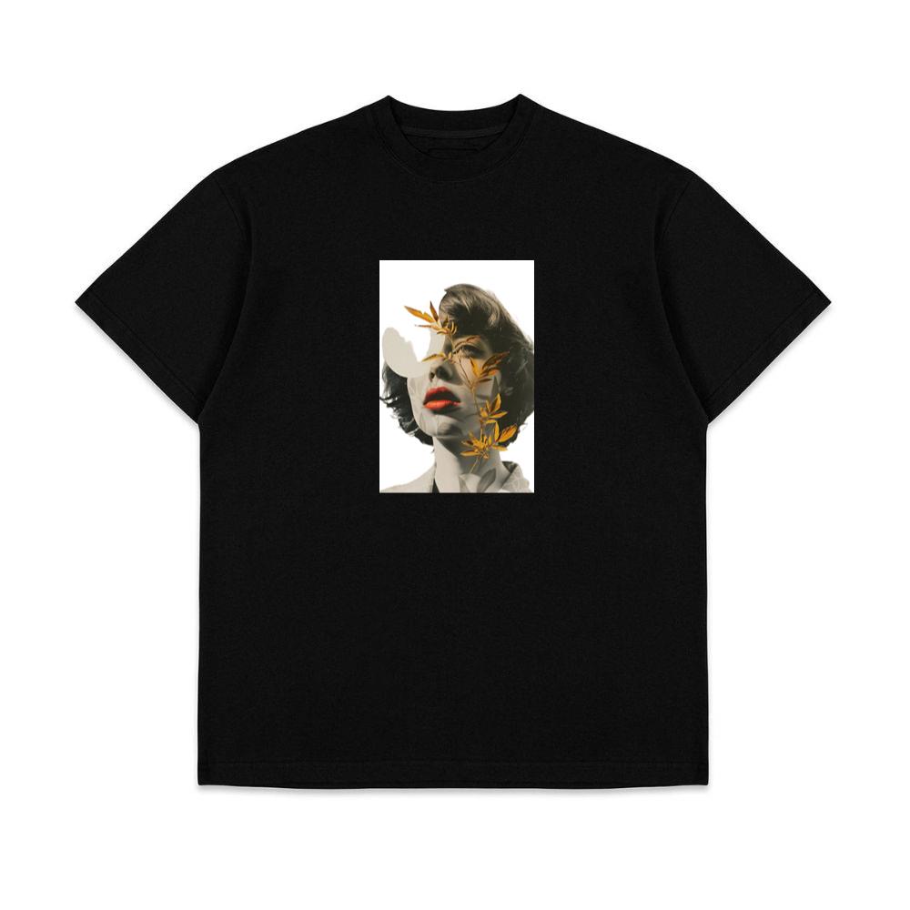 An Artistic Montage of a Woman's Portrait with Golden Leaves T-Shirts