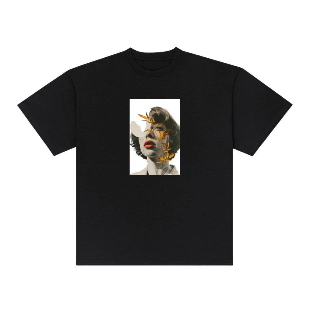 An Artistic Montage of a Woman's Portrait with Golden Leaves T-Shirts
