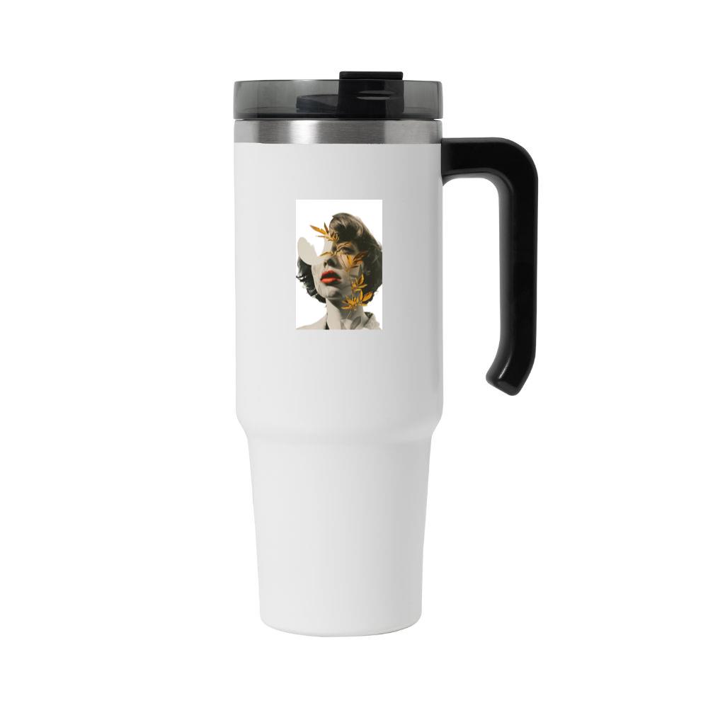 An Artistic Montage of a Woman's Portrait with Golden Leaves Tumbler