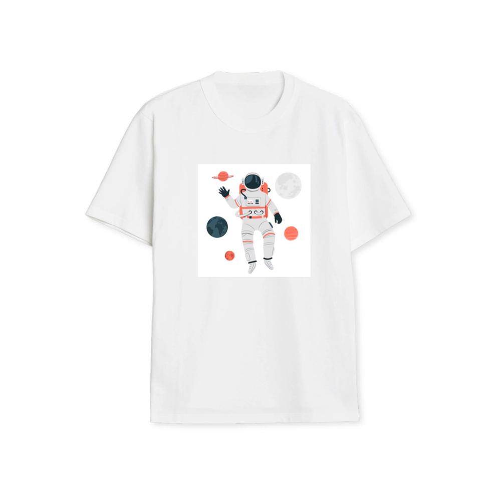 An Astronaut Floating Among Planets in a Stylized Design T-Shirts