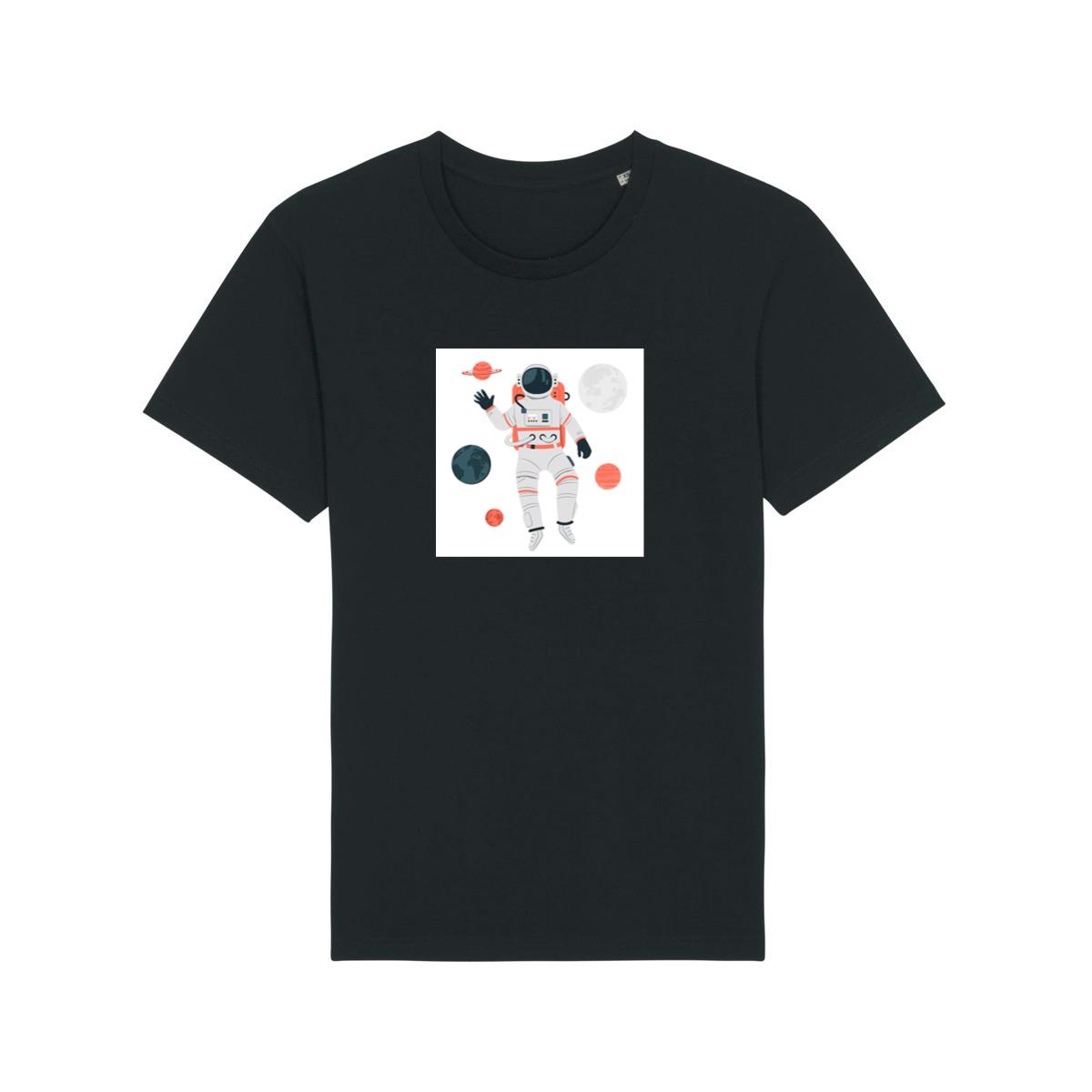 An Astronaut Floating Among Planets in a Stylized Design T-Shirts