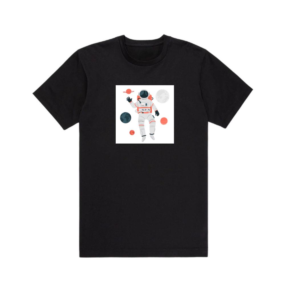 An Astronaut Floating Among Planets in a Stylized Design T-Shirts