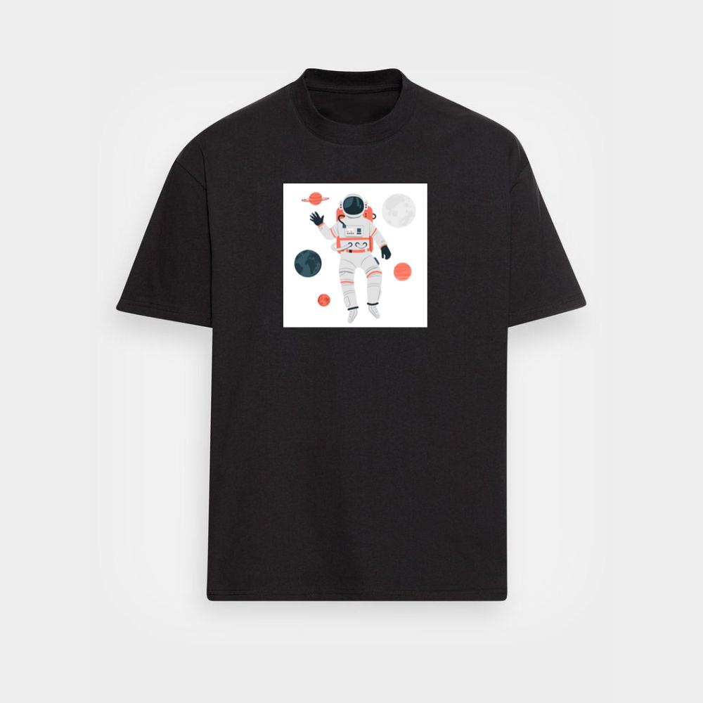 An Astronaut Floating Among Planets in a Stylized Design T-Shirts