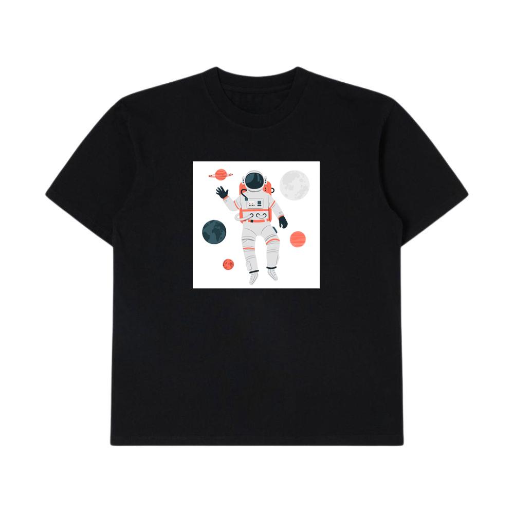 An Astronaut Floating Among Planets in a Stylized Design T-Shirts