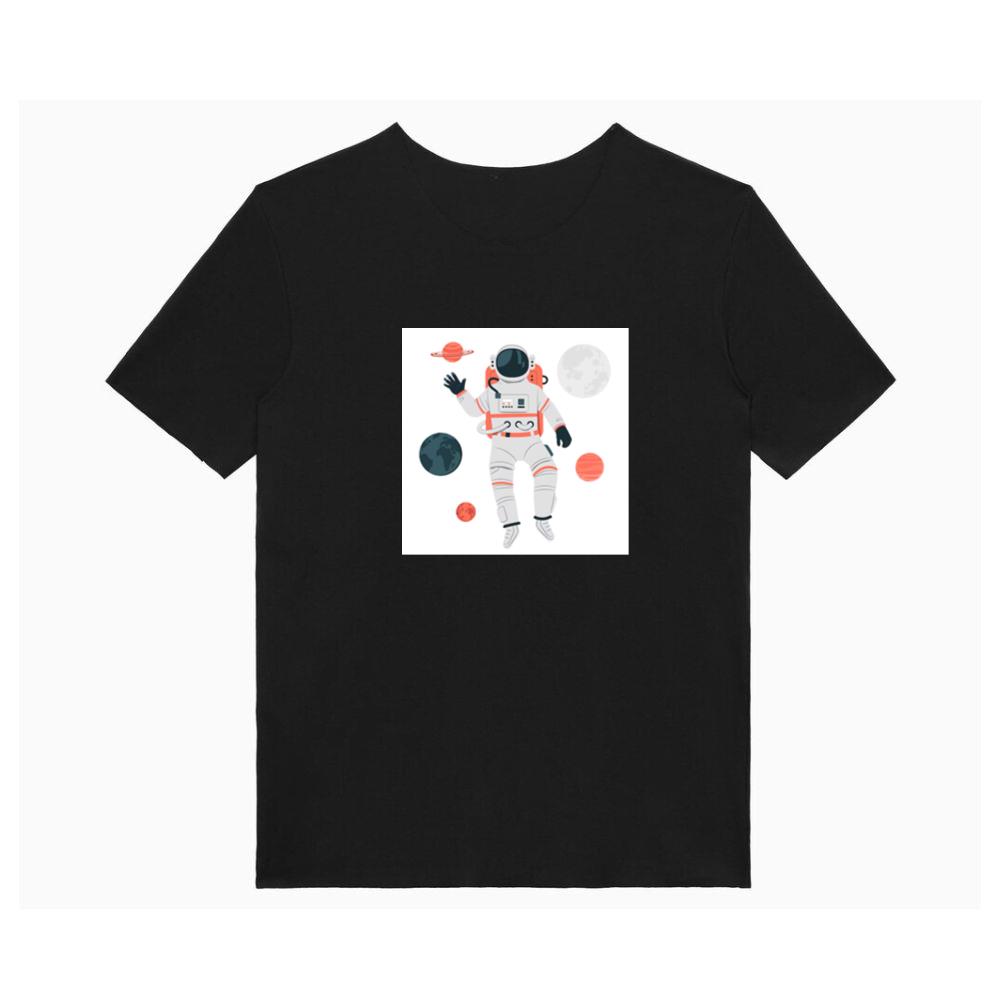 An Astronaut Floating Among Planets in a Stylized Design T-Shirts