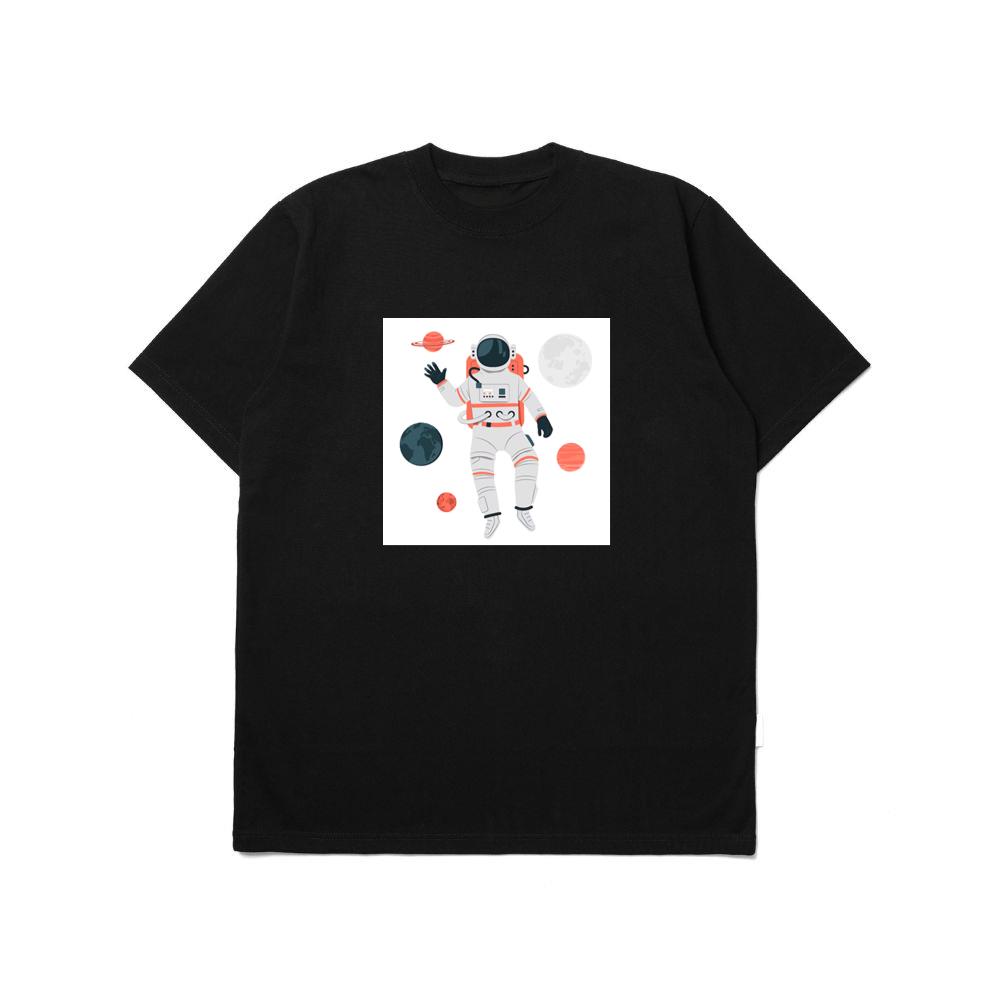 An Astronaut Floating Among Planets in a Stylized Design T-Shirts