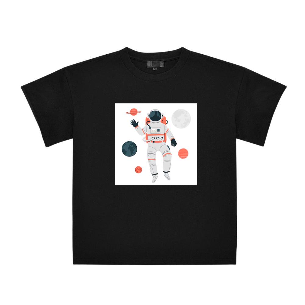 An Astronaut Floating Among Planets in a Stylized Design T-Shirts