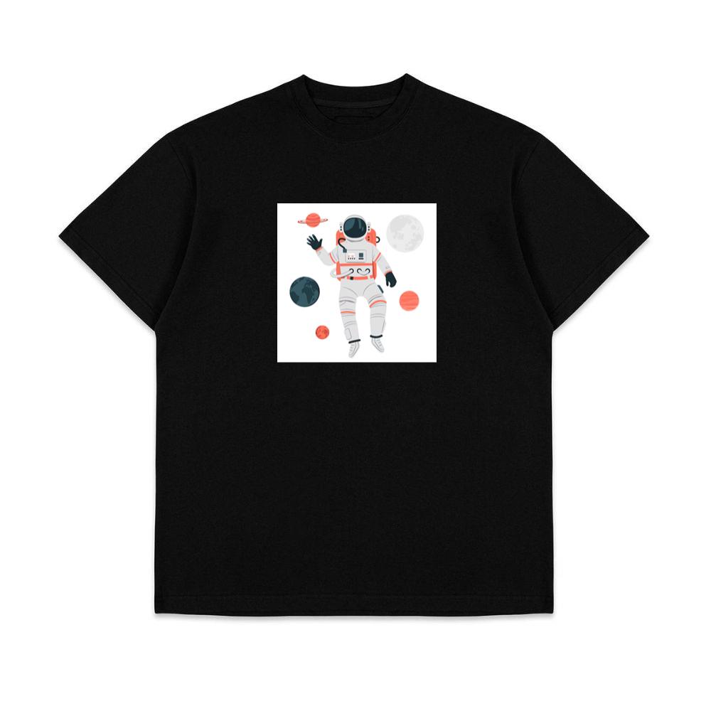 An Astronaut Floating Among Planets in a Stylized Design T-Shirts