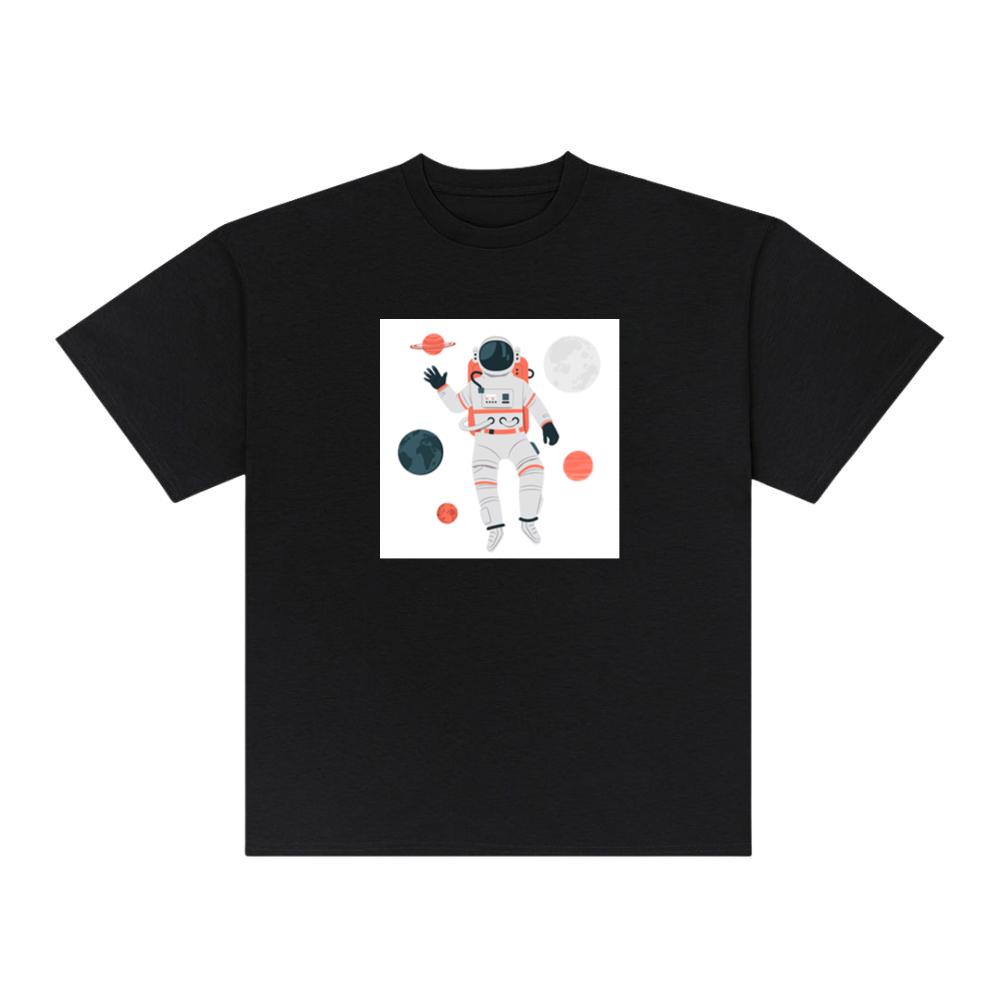 An Astronaut Floating Among Planets in a Stylized Design T-Shirts