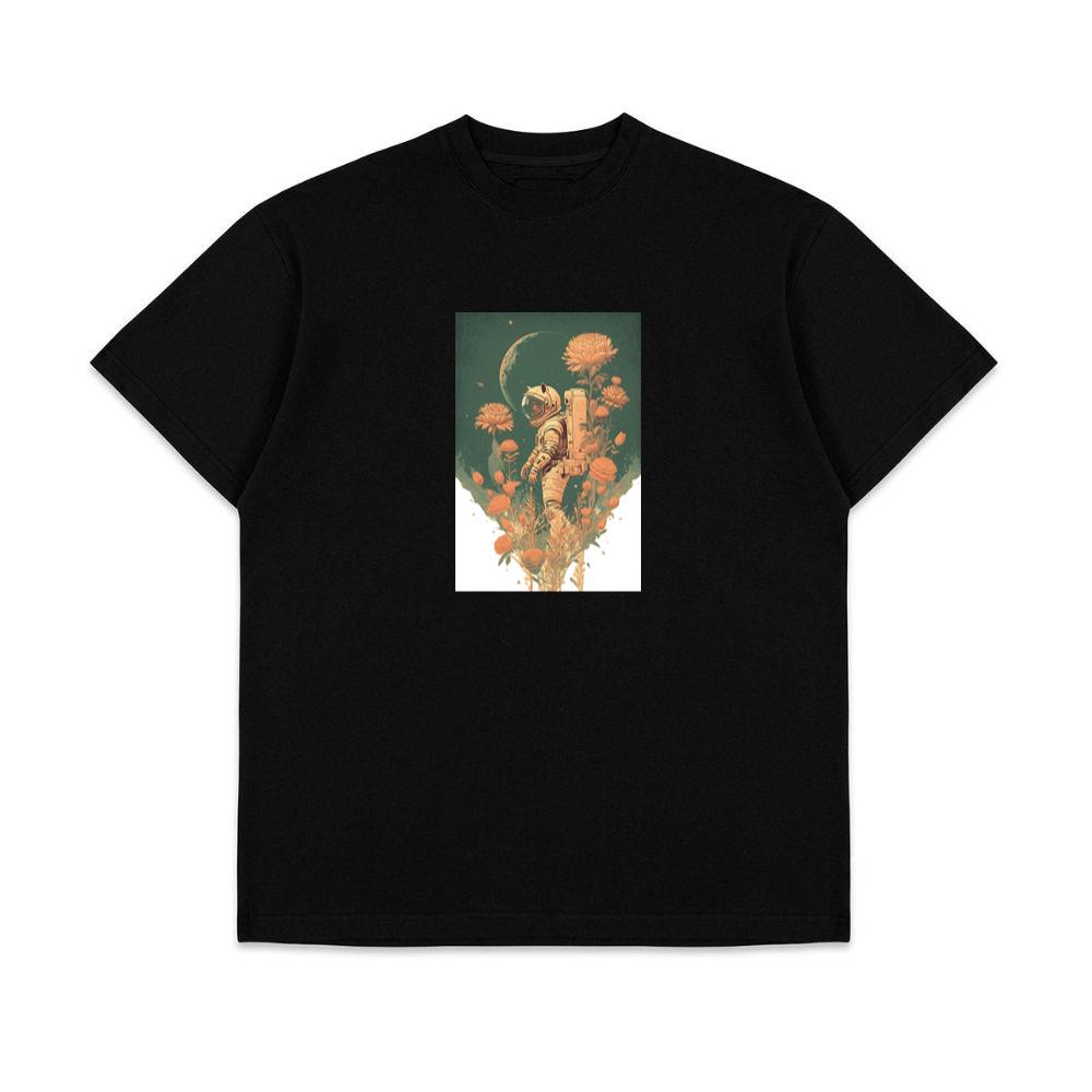 Astronaut in Flower Field with Crescent Moon T-Shirts