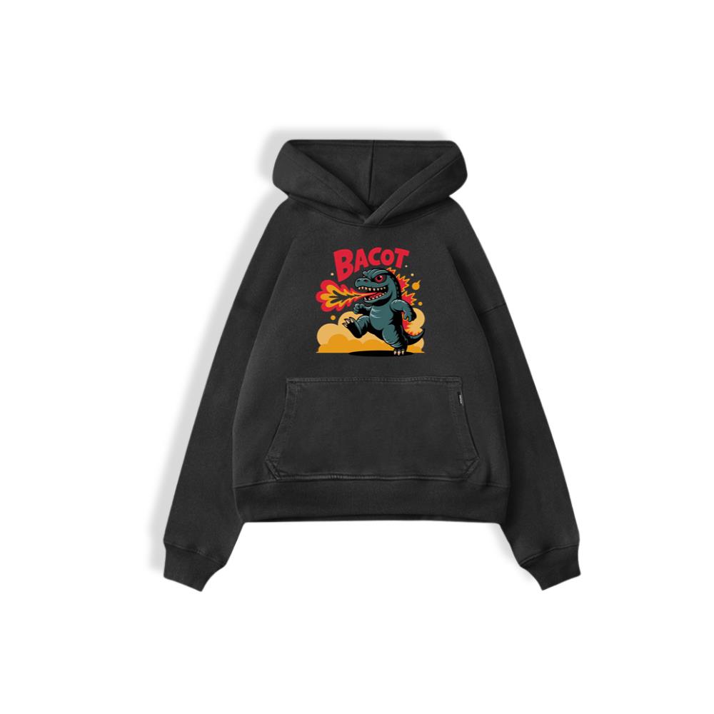 Bacot Fire Dinosaur Cartoon Illustration for Vintage Fun Vibes Hoodie