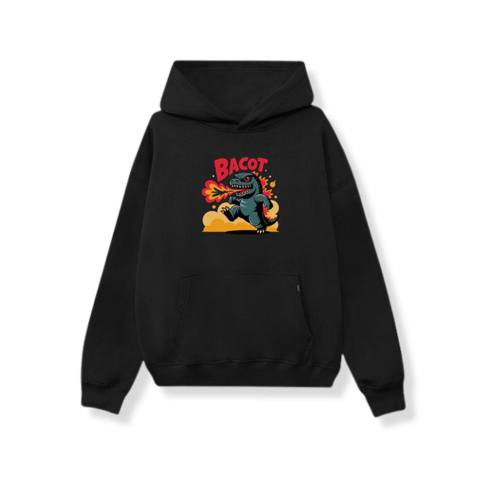 Bacot Fire Dinosaur Cartoon Illustration for Vintage Fun Vibes Hoodie