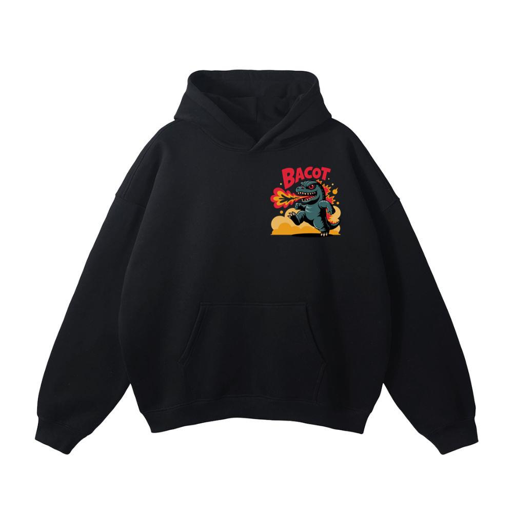 Bacot Fire Dinosaur Cartoon Illustration for Vintage Fun Vibes Hoodie