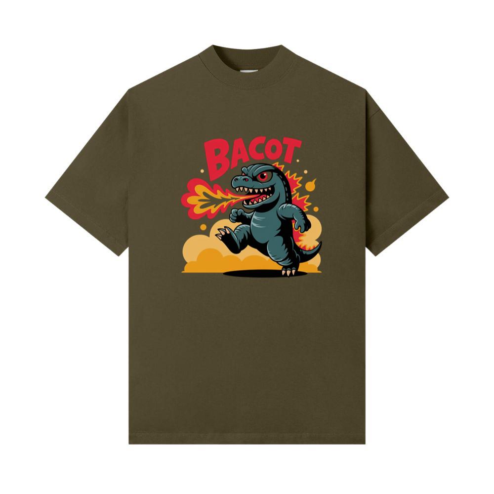 Bacot Fire Dinosaur Cartoon Illustration for Vintage Fun Vibes T-Shirt - Image 2
