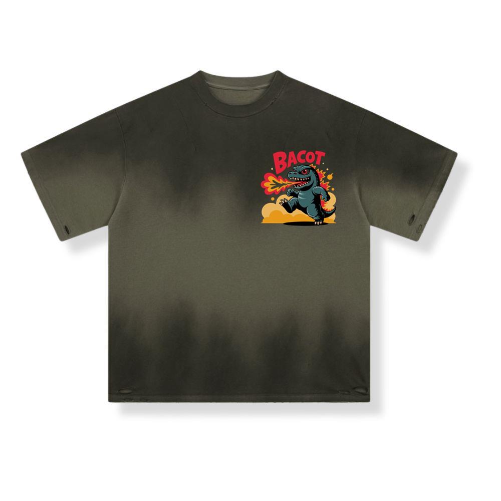 Bacot Fire Dinosaur Cartoon Illustration for Vintage Fun Vibes T-Shirt - Image 3