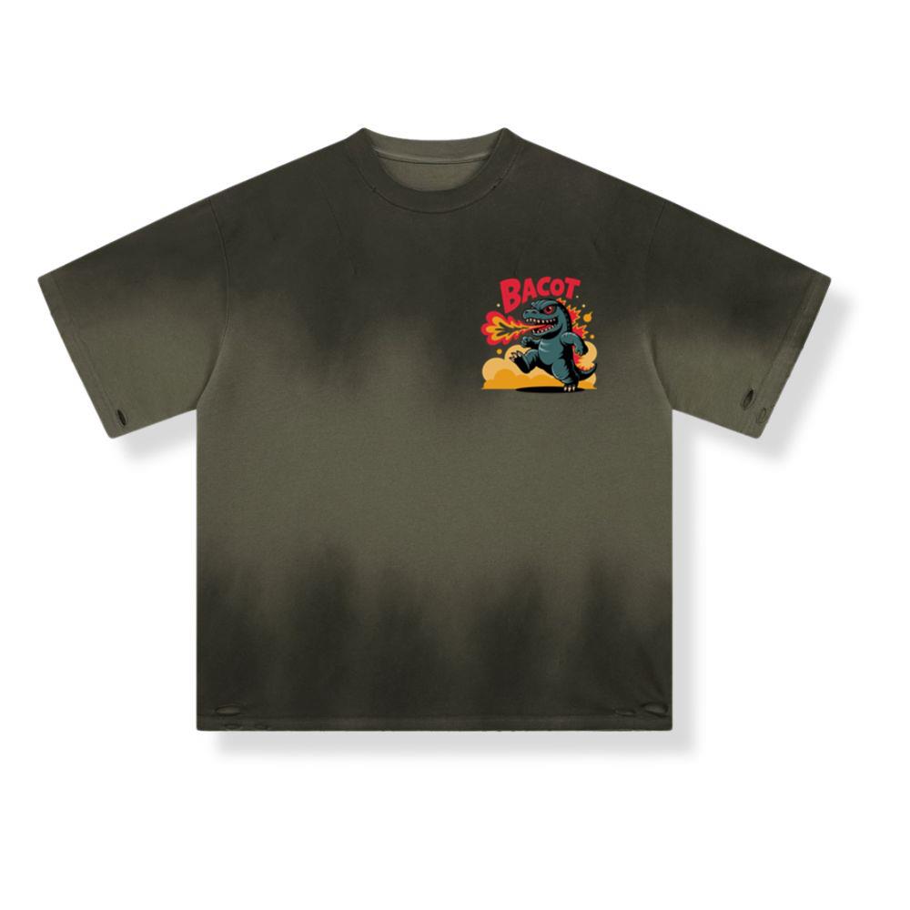 Bacot Fire Dinosaur Cartoon Illustration for Vintage Fun Vibes T-Shirts - Image 3