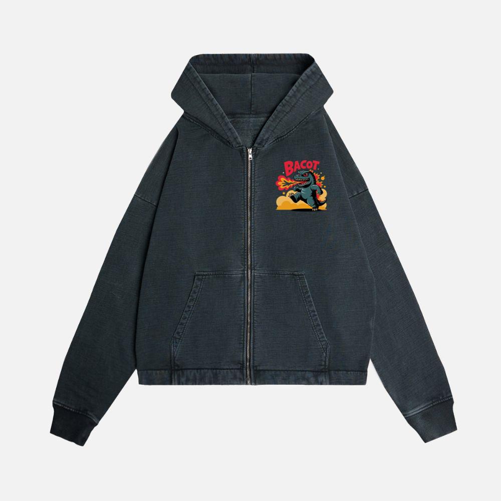 Bacot Fire Dinosaur Cartoon Illustration for Vintage Fun Vibes Zip Hoodie