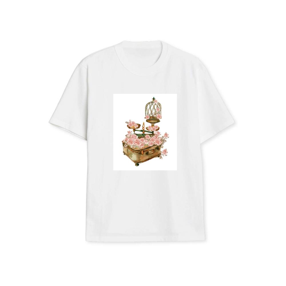Birdcage, Scales, and Suitcase Adorned with Pink Roses T-Shirts